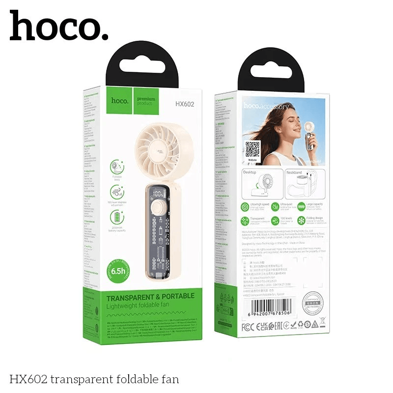 พัดลมพกพา HOCO HX602 ปรับแรงลม 100 ระดับ พับได้ 90&deg; แบตเตอรี่ 6.5 ชม. ความเร็วมอเตอร์ 8000RPM
